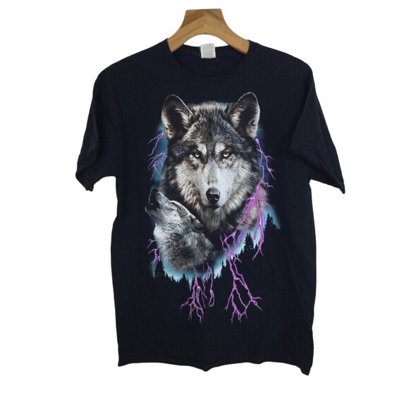 VTG Fruit Of The Loom Mens Retro Wolf Lighting Graphic Tee Shirt Black Large - Picture 1 of 6